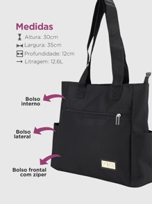 Women's Large Durable Daily Shoulder Bag With Side Pocket Work College - Black - View 2