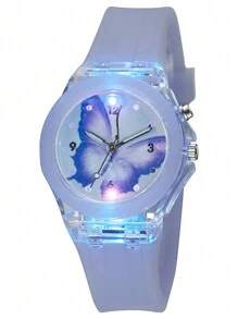Bộ 2 đồng hồ phát sáng LED cho bé gái và đồng hồ thạch anh bướm hoạt hình + vòng tay hạt kỳ lân - Màu tím - Xem 4