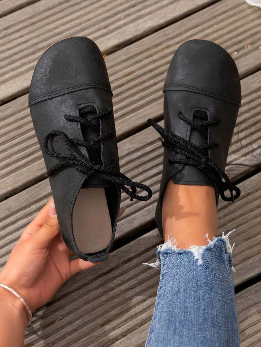 Zapatos planos tipo Mary Jane de estilo patchwork de nicho, estilo artístico retro, con suela blanda y cordones, zapatos casuales de mujer para primavera, otoño e invierno, día de San Valentín - Negro - Ver 1