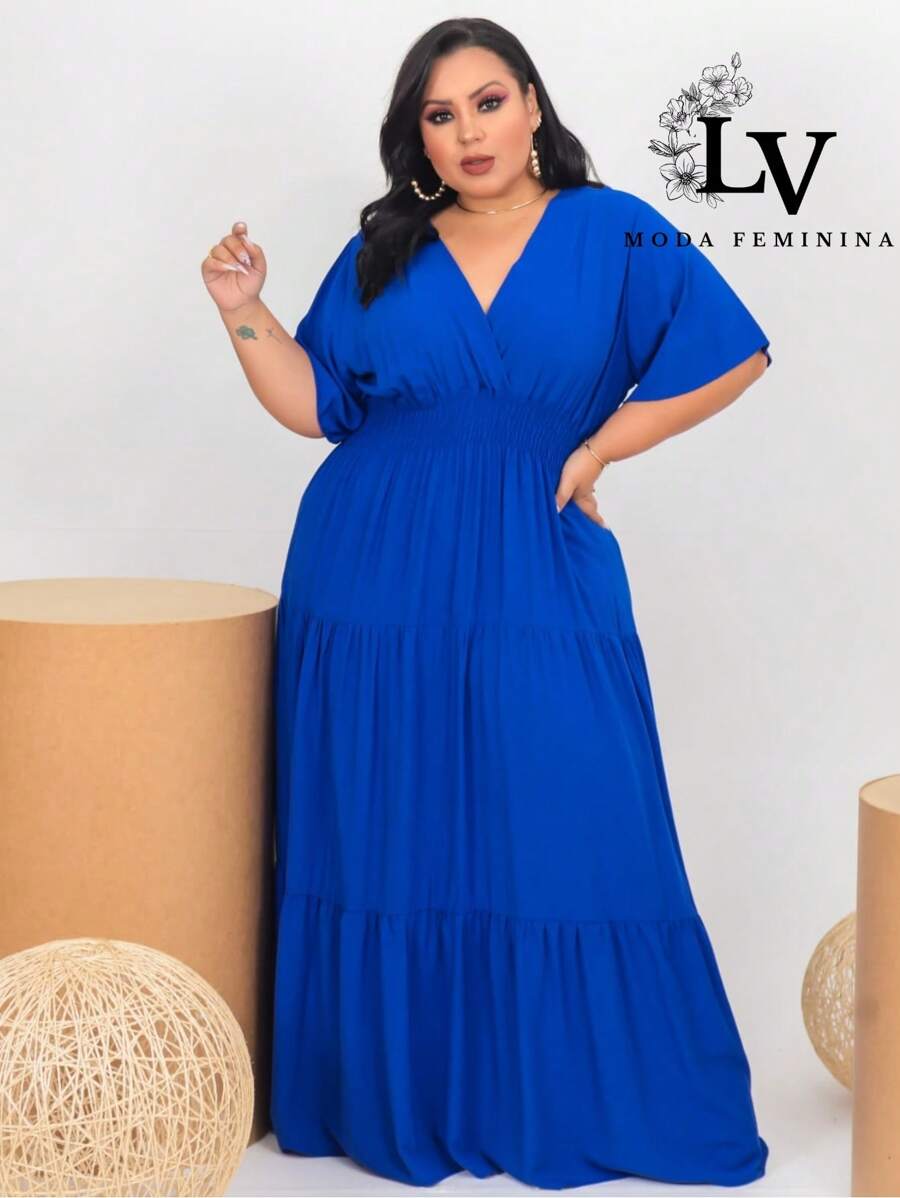 Plus Size Long Dress V Neck Short Sleeve - Royal Blue - View 1