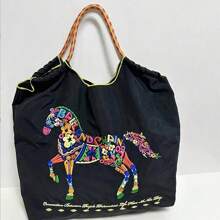 Nueva bolsa plegable de gran capacidad de nailon con patrón bordado de flores y caballos, de moda y casual - Multicolor - Ver 1