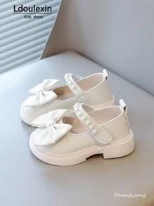 全新设计女童珍珠蝴蝶结公主平底鞋 - 米色 - 查看 3