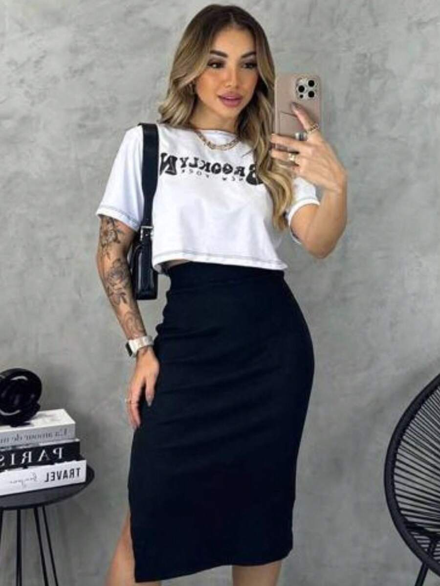 Brooklyn Women's Set Midi Skirt And Cropped Top Foreign Fashion - 黑色 - 查看 1