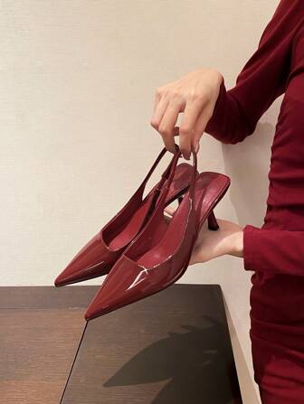 女士尖头细跟浅口鞋，踝带细跟闭趾礼服鞋，适合派对、工作、户外活动，红色（尺码偏小一码）