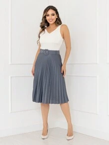 Evangelical Fashion Midi Pleated Skirt With Lined Buckle Belt Code:124 - 深灰色 - 查看 3
