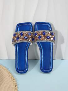 夏季奢华水钻绑带女士凉鞋，方头平底皮革露趾休闲女士凉鞋 - 藍色 - 查看 6