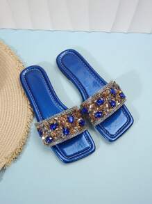 夏季奢华水钻绑带女士凉鞋，方头平底皮革露趾休闲女士凉鞋 - 藍色 - 查看 8