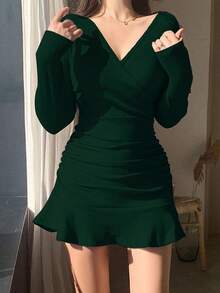 女式休闲性感纯色 V 领长袖荷叶边下摆紧身美人鱼连衣裙性感可爱风格万圣节服装