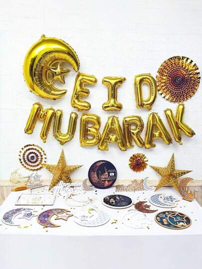 节日装饰气球，月亮和星星铝箔气球，玫瑰金银色吊字气球，节日气球套装，适用于节日派对装饰用品，家庭聚会派对背景装饰