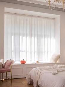 1pc White Hook And Loop Window Curtain, No Need Drilling Installation Self-Adhesive Bedroom Living Room Dining Room Kitchen Partition Curtain, Sunproof, Removable And Washable, Suitable For All Seasons
