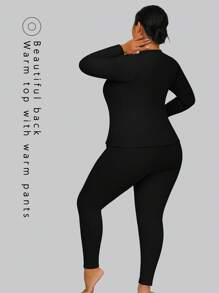 1 Set Plus Size Fleece Ribbed Crew Neck Long Sleeve Top & Letter Print Waistband 7/8 Pants, 2-In-1 Seamless Bra Included, Autumn/Winter