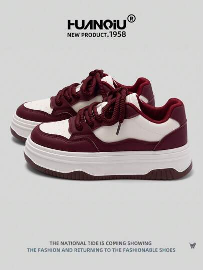 HUANQIU HUANQIU Women Thick Sole Casual Sneakers, & Versatile, Comfortable & Stylish, Suitable For All Seasons, Wine Red Color For Students & Daily Wear