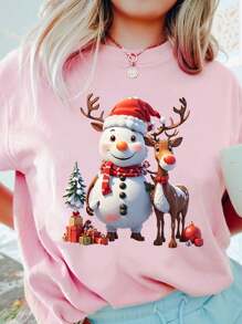 Women's T-Shirt With Snowman And Reindeer Print - 淺粉色 - 查看 1