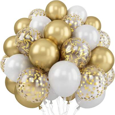 30Pcs 10/12 Inch White And Gold Balloons Faux Pearl White Latex Balloons Gold Confetti Balloons For Birthday Weddings Anniversary Party Decorations