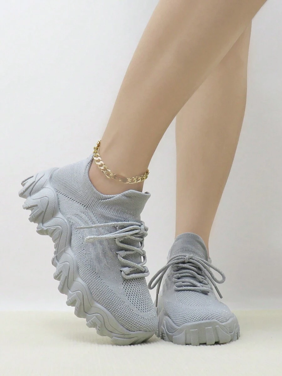 女士户外新款时尚百搭舒适柔软透气防滑耐用纯色低帮运动跑步休闲鞋透气袜式运动鞋带鞋带 - 灰色 - 查看 1
