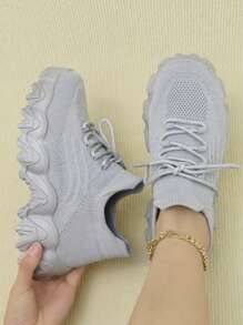 女士户外新款时尚百搭舒适柔软透气防滑耐用纯色低帮运动跑步休闲鞋透气袜式运动鞋带鞋带 - 灰色 - 查看 3