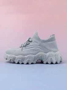 女士户外新款时尚百搭舒适柔软透气防滑耐用纯色低帮运动跑步休闲鞋透气袜式运动鞋带鞋带 - 灰色 - 查看 5