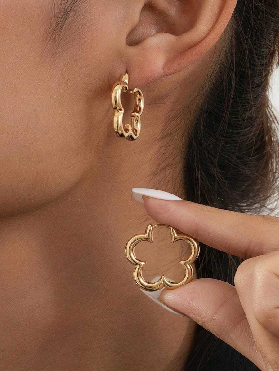 1 Cặp bông tai rỗng hình học hoa thời trang, thích hợp để đeo hàng ngày, quà tặng trang sức - Vàng - Xem 1