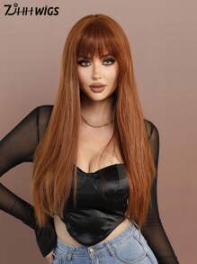 7JHH WIGS 28英寸橙棕色刘海假发，女士长直合成假发，柔软耐热纤维假发，适合日常佩戴、派对、角色扮演 - 查看 3