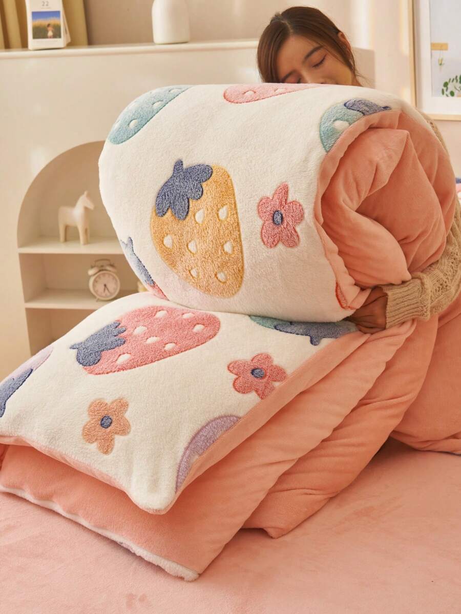 1 Vỏ chăn lông vũ màu xám in họa tiết sóng hoạt hình, Vỏ chăn 2 trong 1 (Không bao gồm ruột), Chăn ấm cho mùa thu/đông, Thích hợp cho phòng khách, ghế sofa, phòng ngủ, ký túc xá - Hồng - Xem 1