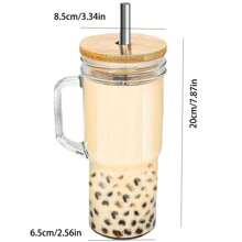 1 件带手柄的梅森罐，汽车碎冰杯，木盖啤酒杯，玻璃吸管杯，大容量时尚奶茶杯，配有木杯盖和吸管，可重复使用的茶杯，适用于冰咖啡杯、奶昔、果汁 - 透明色 - 查看 2