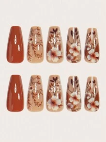 24pcs Coffin Shaped Nail Stickers Set, Instantly Upgrade Your Nail Art! Elegant And Fashionable Brown Floral, Brownish-Red Fake Nails, Beautiful Brownish-Red, Plum Brown Fake Nails, Full Coverage Nail Stickers Suitable For Women And Girls. The Set Includes 1 Sheet Of Adhesive Stickers And 1 Mini Nail File, Random Color Jelly Gel, Nail Care Accessories. Nail Supplies - Brown - View 3