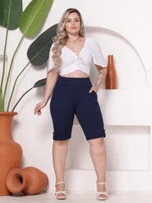 Women's Bermuda Shorts With Pocket And Button - 藏蓝色 - 查看 3