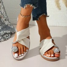 1 Pair Rhinestone Embellished Flat Slides, Women's Outdoor Slip-On Toe Post Sandals, Fashionable Beach Shoes With Flat Waterproof Rhinestone Strap, Non-Slip 2024 New Style, Suitable For Any Occasion Travel, Party, Dating, Matching With Pants, Skirts, Maxi Dresses, Extremely Stylish