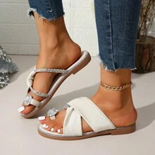 1 Pair Rhinestone Embellished Flat Slides, Women's Outdoor Slip-On Toe Post Sandals, Fashionable Beach Shoes With Flat Waterproof Rhinestone Strap, Non-Slip 2024 New Style, Suitable For Any Occasion Travel, Party, Dating, Matching With Pants, Skirts, Maxi Dresses, Extremely Stylish