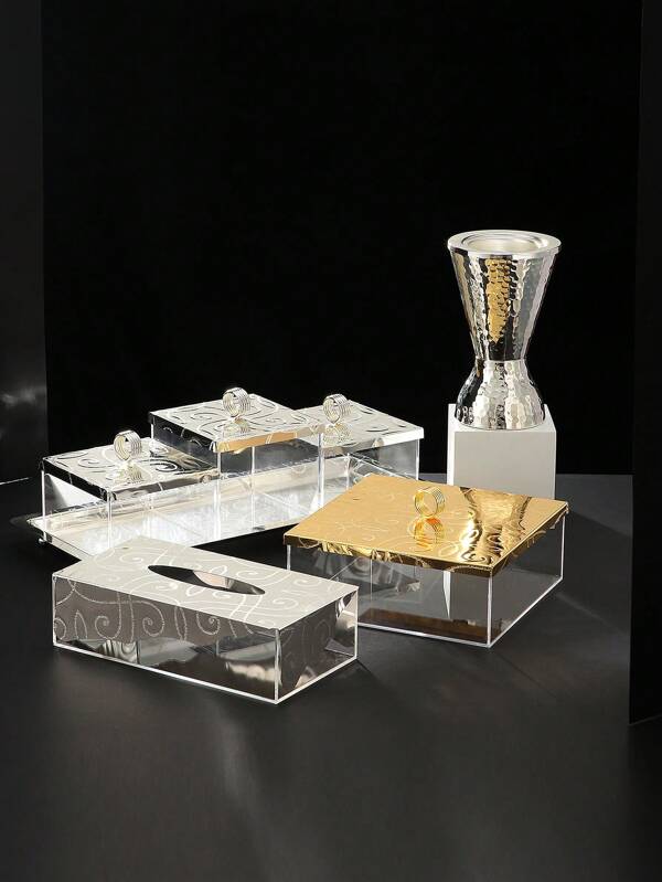 ALAMAMARA 1 pieza, Juego de 3 bandejas de acrílico y hierro, Bandeja de acrílico y hierro, Caja de pañuelos de acrílico + hierro, Quemador de incienso de hierro, en dorado y plateado, para Ramadán, Ramadán Kareem, Ramadán Mubarak, Eid Mubarak, Eid Al-Fitr, adecuado para decoración del hogar, decoración de la habitación, decoraciones de cumpleaños, decoración de oficina, bandeja, caja de almacenamiento, joyero