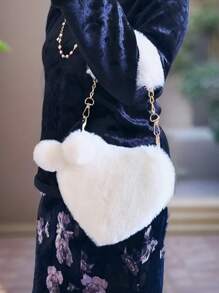 1pc Solid Color Heart Shaped Plush Strap Crossbody Bag, Fashionable Shoulder Bag With Matching Pom Pom Charm - White - View 4