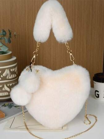 1pc Solid Color Heart Shaped Plush Strap Crossbody Bag, Fashionable Shoulder Bag With Matching Pom Pom Charm