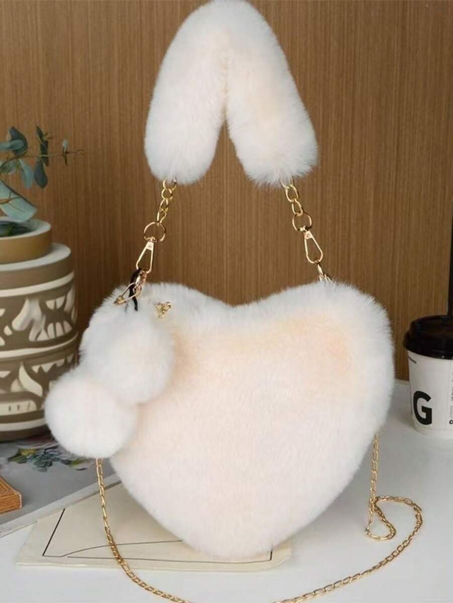 1pc Solid Color Heart Shaped Plush Strap Crossbody Bag, Fashionable Shoulder Bag With Matching Pom Pom Charm - White - View 1