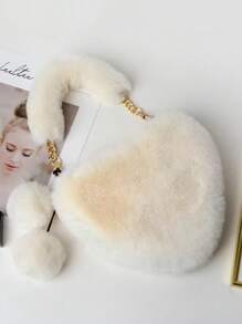 1pc Solid Color Heart Shaped Plush Strap Crossbody Bag, Fashionable Shoulder Bag With Matching Pom Pom Charm - White - View 6