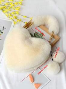 1pc Solid Color Heart Shaped Plush Strap Crossbody Bag, Fashionable Shoulder Bag With Matching Pom Pom Charm - White - View 7