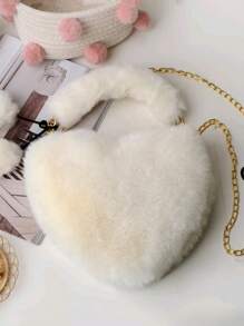 1pc Solid Color Heart Shaped Plush Strap Crossbody Bag, Fashionable Shoulder Bag With Matching Pom Pom Charm - White - View 5