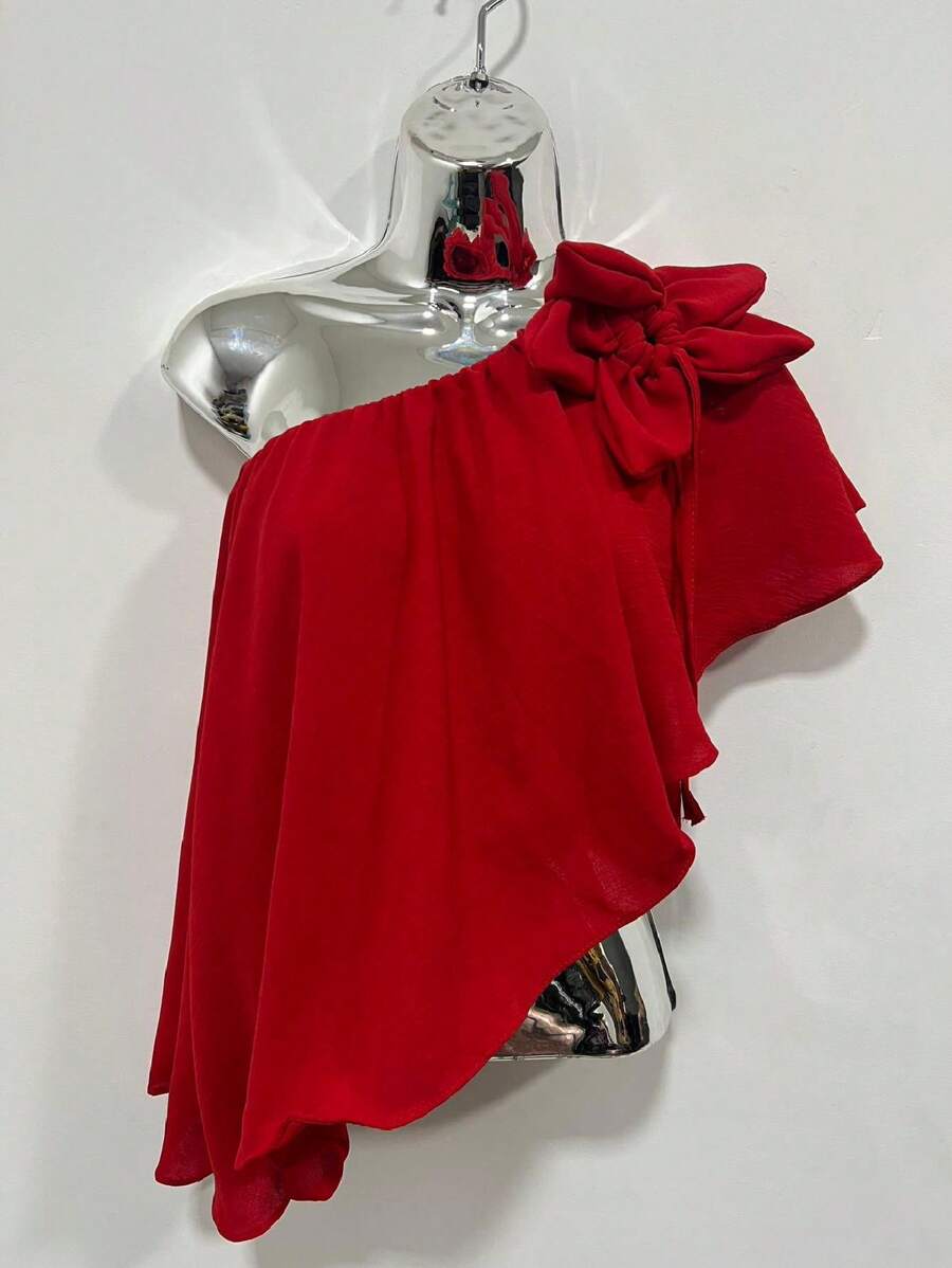 Gabriela One Shoulder So Gringa Blouse With Asymmetrical Top Underneath Sophisticated With Flower - Red - View 1