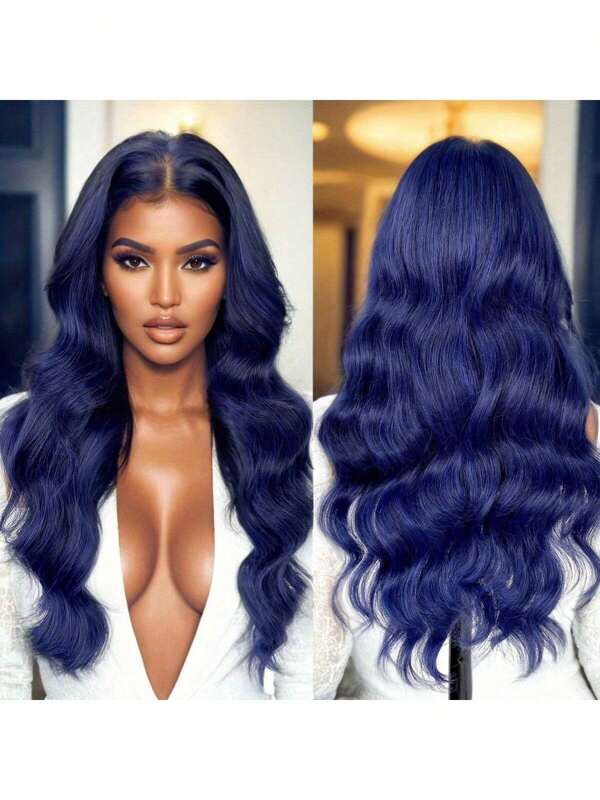 Soft Long Dark Blue Silk Straight Lace Front Wig 26Inch 180 Density For Women Baby Hair Glueless Long Wavy Synthetic Hair Lace Front Wig Daily