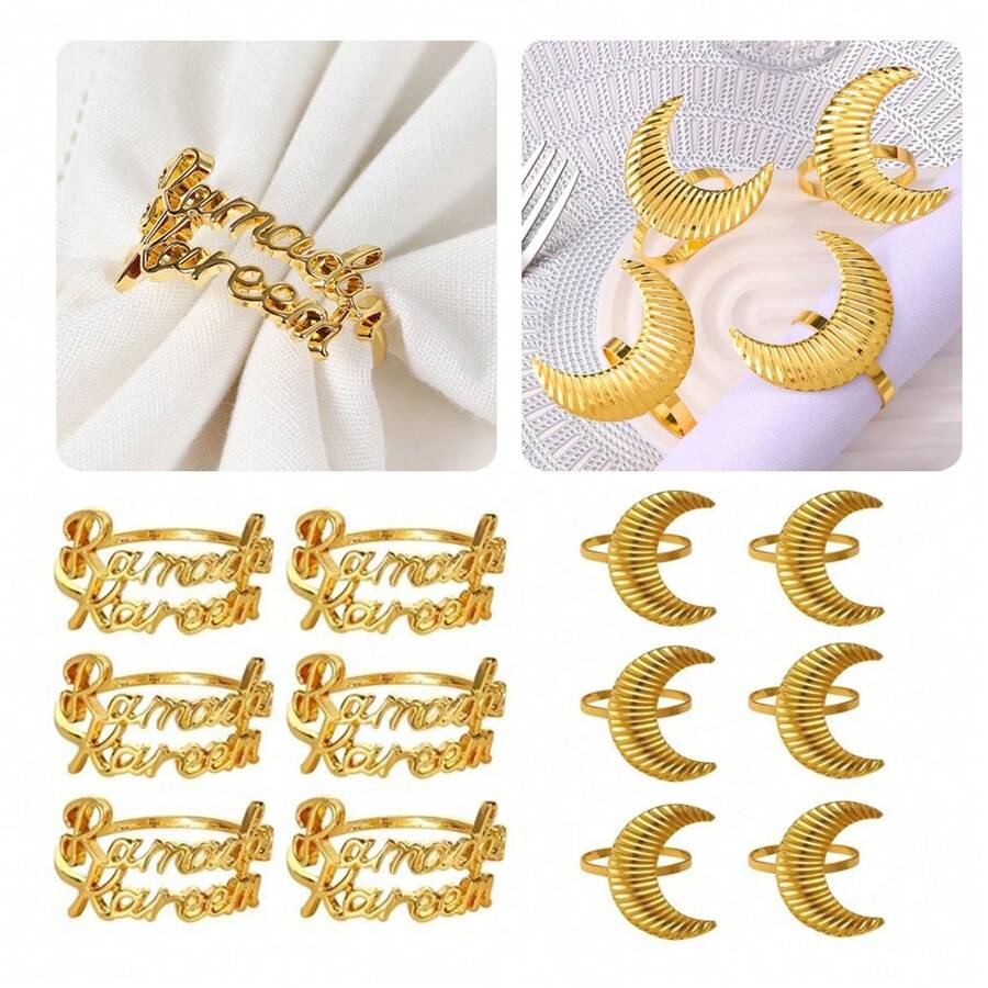 8pcs/4pcs/1pc Gold Crescent Moon & Letter Ramadan Kareem Napkin Rings, Suitable For Eid, Festivals, Family Gatherings, Alloy Napkin Holder For Dining Table DIY Decor - Gold - View 1
