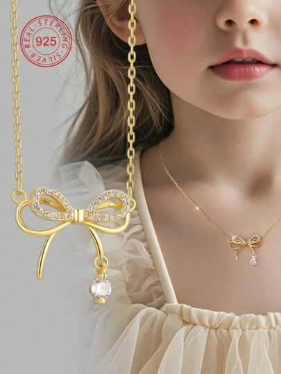 Artepollo 1pc 925 Sterling Silver Hypoallergenic Bow Pendant Necklace, Inlaid With Sparkling Cubic Zirconia, Cute & Elegant, Gift Box Packaging, Gift For Kids, Friends, Back To School