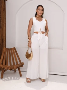 TAILORED SET, PANTS WITH POCKETS, CROPPED TOP WITH FRONT TIE, ELASTANE AT THE BACK, ELEGANT CASUAL FASHION - trắng - Xem 2