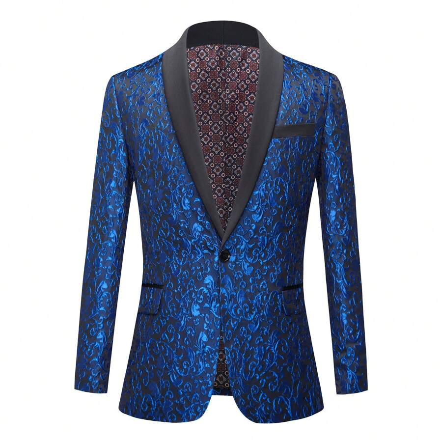 Men's Floral Jacquard Dress Suit Jacket 1 Button Tuxedo Blazer Sport Coat Jacket For Dinner,Prom,Wedding - Blue - View 1