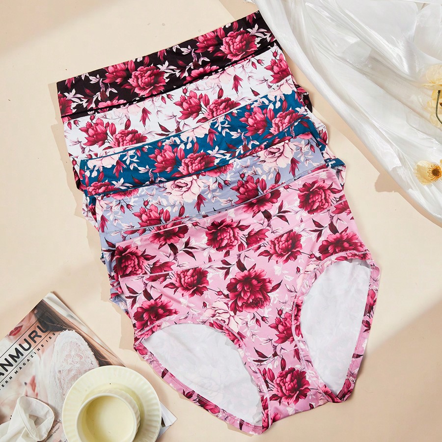 Set de 5 bragas de talla grande para mujeres, de elegante estampado, suaves y transpirables, con cobertura total, aptas para todas las estaciones