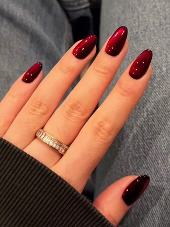 24pcs Valentine's Day Red Adhesive Nail Strips, Medium Almond Shaped False Nails With Elegant Cat Eye Design, Glossy Full Coverage Artificial Nails, Nail Art Supplies For Women And Girls