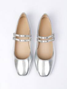 Women's Silver Square Toe Flat Shoes With Fashionable Single Buckle Strap, Simple Design Elegant Casual French Retro Mary Jane Flat Loafers Suitable For Daily Commute And Gathering