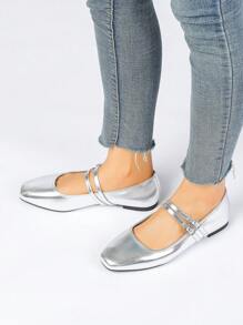 Women's Silver Square Toe Flat Shoes With Fashionable Single Buckle Strap, Simple Design Elegant Casual French Retro Mary Jane Flat Loafers Suitable For Daily Commute And Gathering