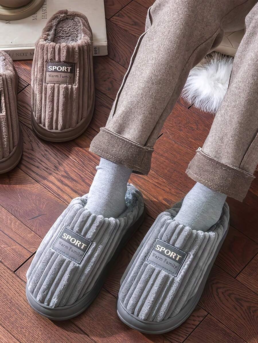 毛皮男士家居拖鞋绒面条纹 EVA 厚底冬季舒适保暖一脚蹬鞋记忆泡沫柔软安静休闲拖鞋 - 灰色 - 查看 1