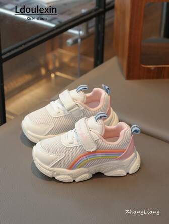 儿童运动鞋，新款网眼透气可爱彩虹设计，适合男孩和女孩，柔软防滑休闲鞋，钩环闭合，方便穿脱，适合春季、夏季、秋季、冬季