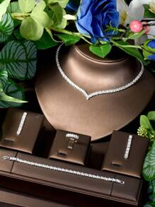 1set Elegant Cubic Zirconia Geometric Jewelry Set, Suitable As Women's Date Gift