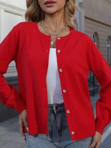 Áo len cardigan dài tay màu trơn thường ngày cho nữ/bé gái - Đỏ - Xem 7